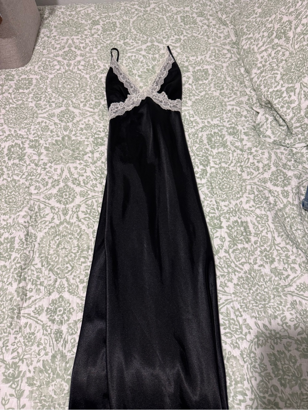 Sincerly Jules Black Satin Chemise with White Lace Trim